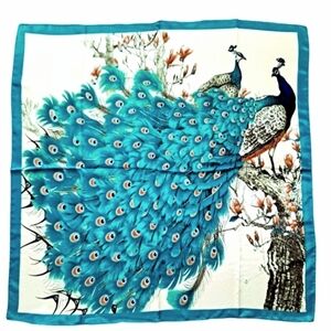 Satin Oversized Square oversized Scarf Peacock Blue tan print Boho 💖 2/$30